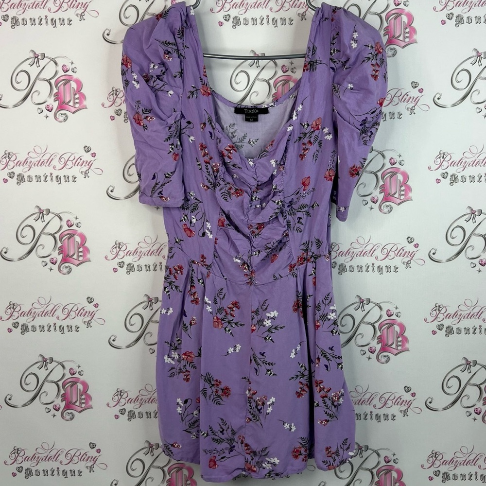 Toxik3 dress puff sleeve shoulder cinch pleated detail Lavender Floral Dress
